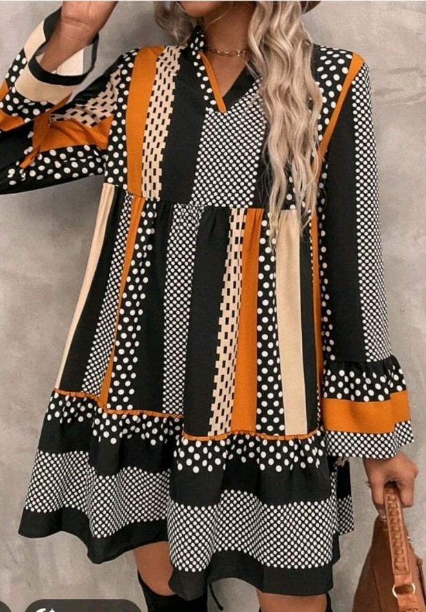 Women's Long Sleeve Mini Dress Black Orange Stripe And Polka Dot Size Small Boho
