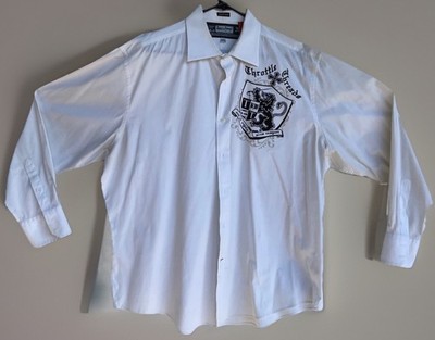 Throttle Threads.com Mens WHITE  Button Up Shirt 2XL Graphic 56  CHEST 33  LEN
