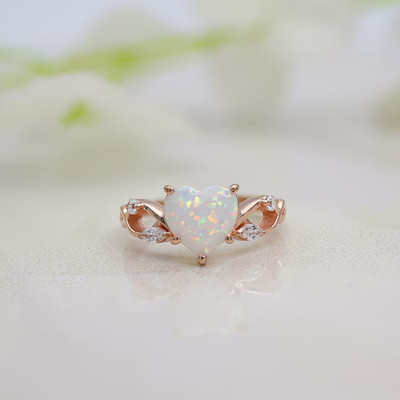 Heart Lab Created Fire Opal Love Wedding Ring 925 Silver 14K Rose Gold Plated