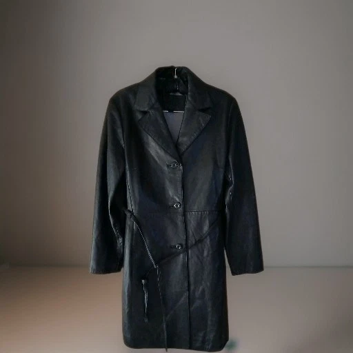 GUESS Women's Black Leather Trench Coat Long Lined Button Tie, Size M image 1