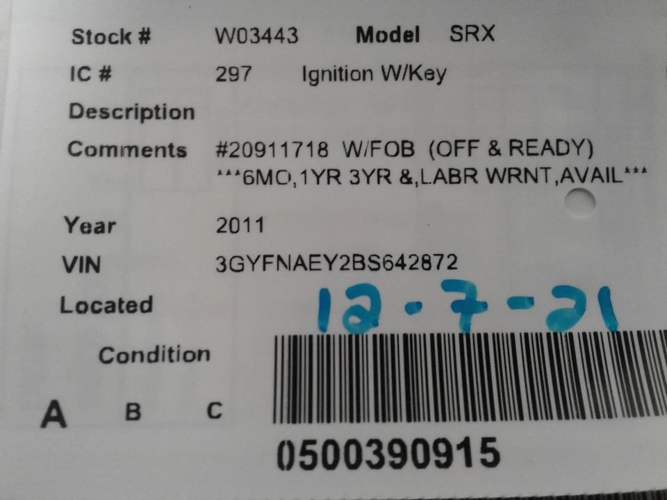 Used Ignition Switch fits: 2011 Cadillac Srx  Grade A - Image 4 of 4