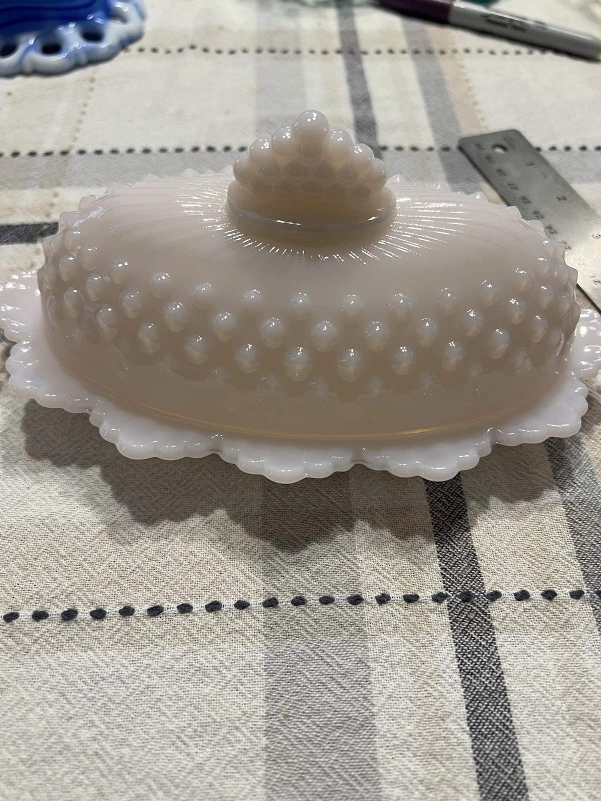 Mosser Crown Tuscan pink Glass Hobnail Oval Covered Butter Dish w/ Lid, Glossy