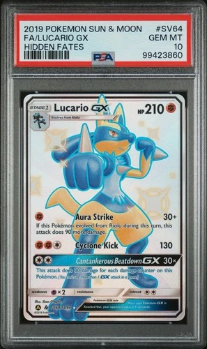 2019 POKEMON SUN & MOON HIDDEN FATES FULL ART LUCARIO GX #SV64 PSA 10 GEM MINT