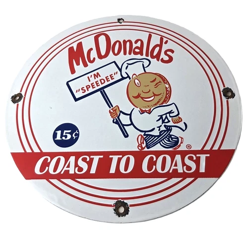 Vintage McDonalds Fast Food Porcelain - Burgers SpeeDee Drive Thru Gas Pump Sign