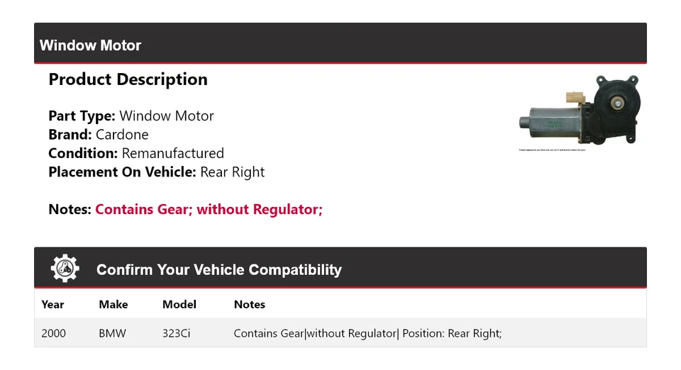 Motor de ventana trasero derecho BMW 323Ci 2000 cardone Foto 2 de 4