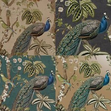 Peacock Woods Wallpaper Taupe Blue Gold Charcoal Floral Design Mulit Birds