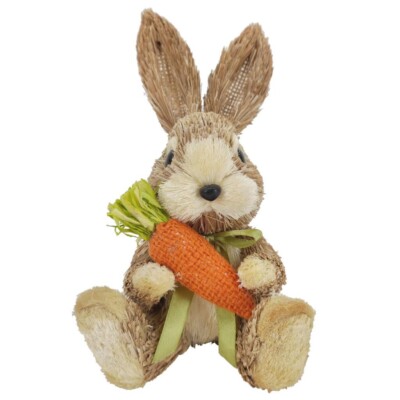 19 cm süßer sitzender Osterhase aus Stroh mit Karotte - Mantel/Regal Deko