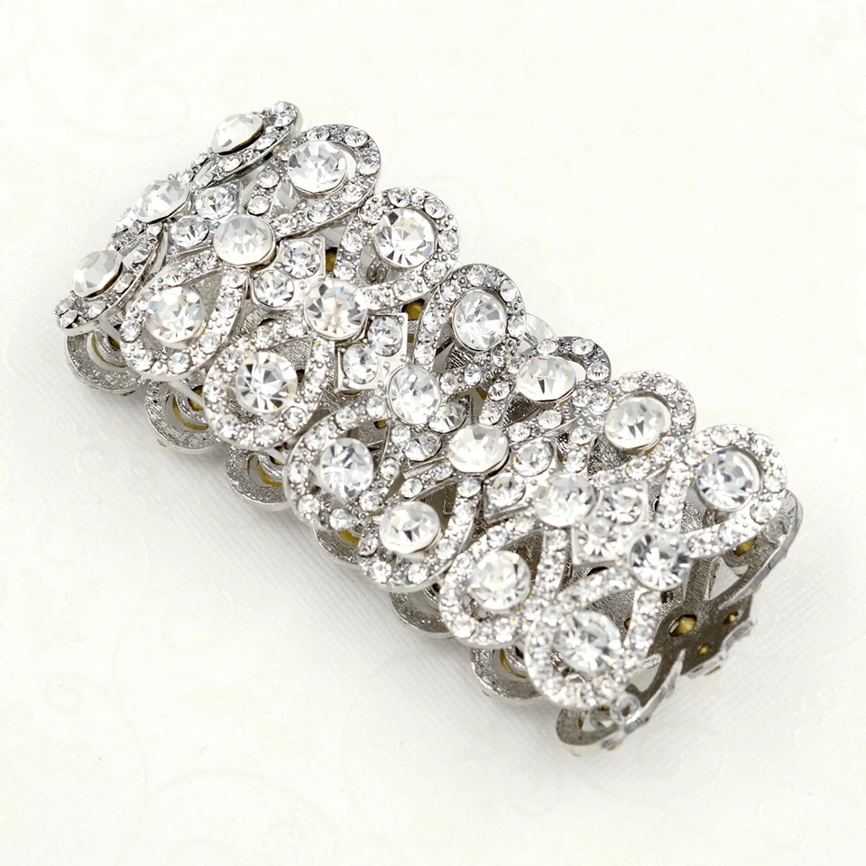 Stretch Bracelet Clear Crystal Silver Tone Bangle Cuff Bridal Wedding 09998 - Image 2 of 4