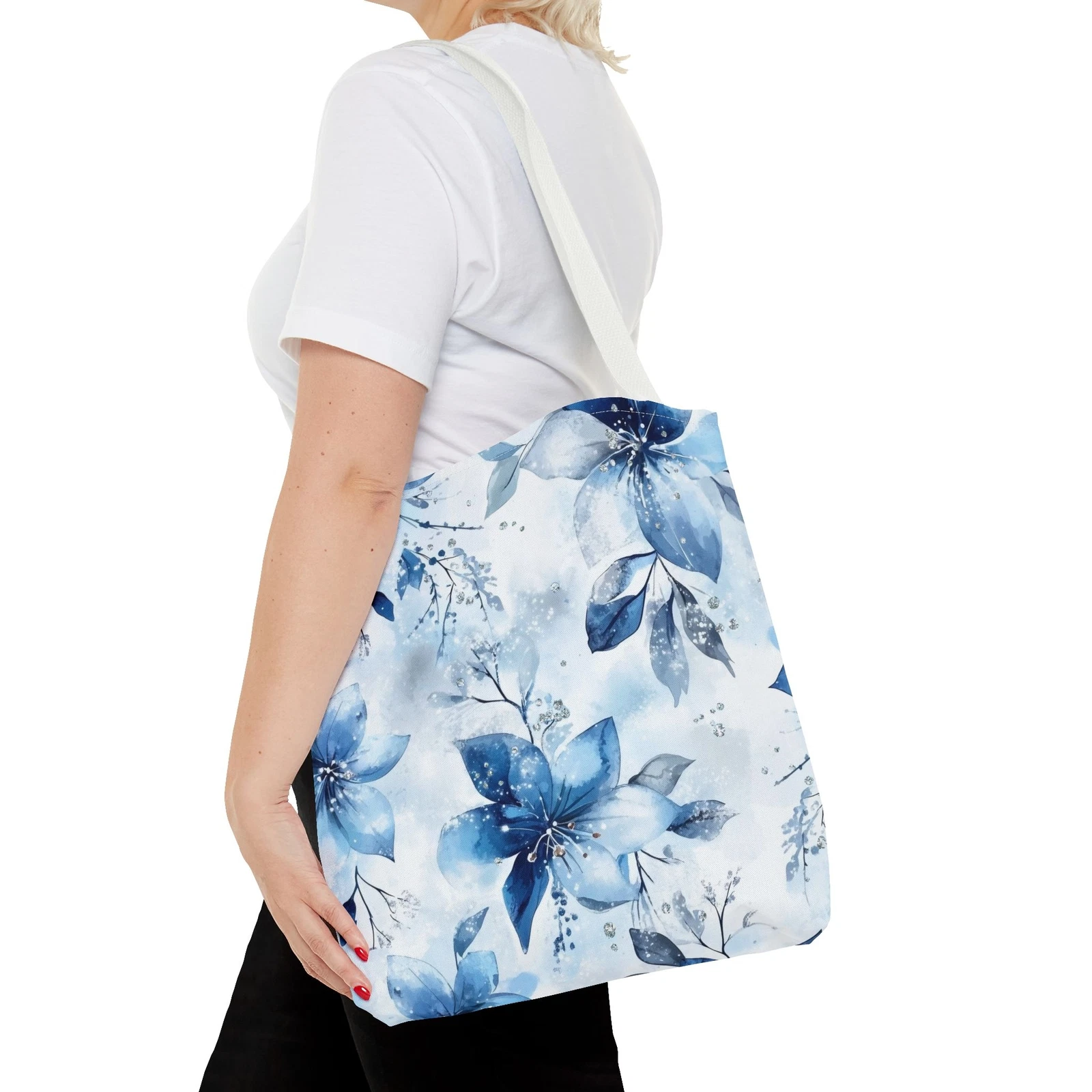 Light Blue Floral Tote Bag for Women, Spring Blossom Pattern
