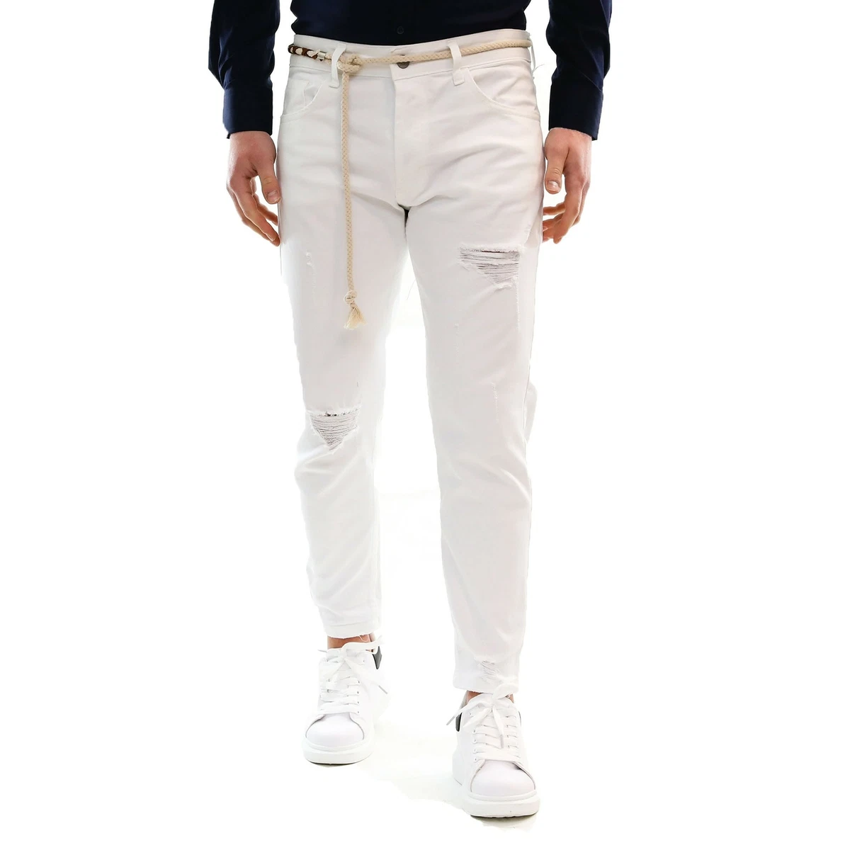 Jeans Uomo Strappati Slim Skinny Estivi Elasticizzati Bianco