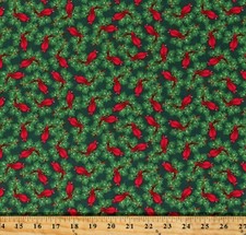 Cotton Cardinals Birds Christmas Holiday Green Fabric Print by the Yard D401.69