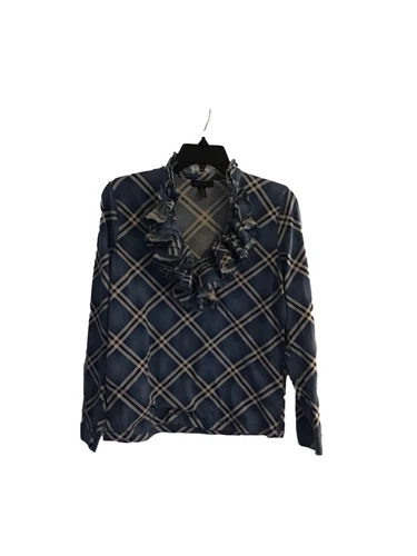 Ralph Lauren Womens Navy Blue & Beige Cotton Shirt Ruffle Front SZ M