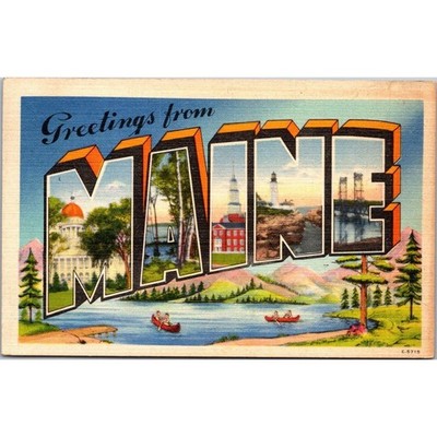Vintage Greetings From Maine Postcard Linen 1949 Brunswick ME Ephemera A22