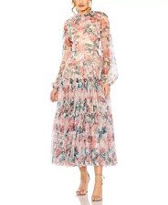 NWT Size 6 Mac Duggal Tiered High Neck Long Balloon Sleeve Midi Dress
