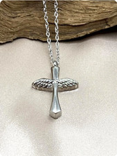 MEMORIAL ASHES URN CROSS ANGEL WING Pendant on 925 Plated Silver 18" Necklace