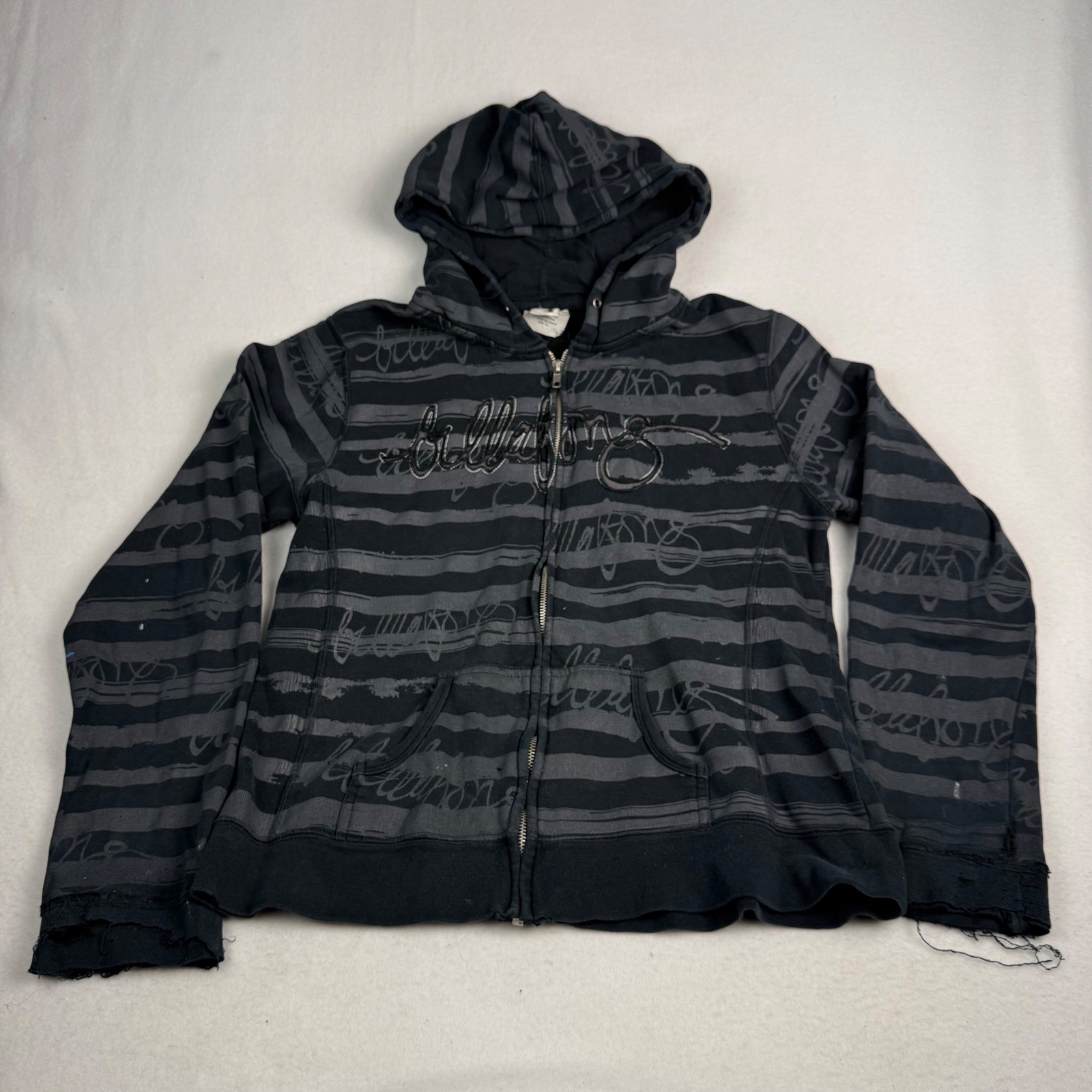 Billabong XL Striped Graphic Zip Up Hoodie Black Grey Y2K Di