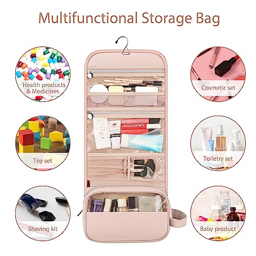 Portable Toiletry Cosmetic Travel Bag, Large Water Resistant Hanging Pink - Bild 4 von 7