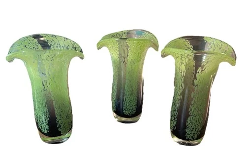 3 VTG Teleflora Green /Blue Art Glass Vase Hand Blown Designed By Fenton Glass