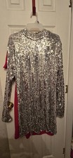 Balera Adult Sequin Performance Shift Dress Silver, Long Sleeves, XXLA