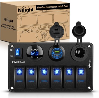 Nilight 6 Gang Rocker Switch Panel Waterproof Pre-Wired Aluminum with PD Type C