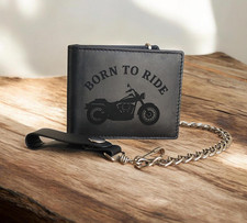 Genuine Leather Biker Bi-Fold Black Wallet with 12" Chain Born To Ride