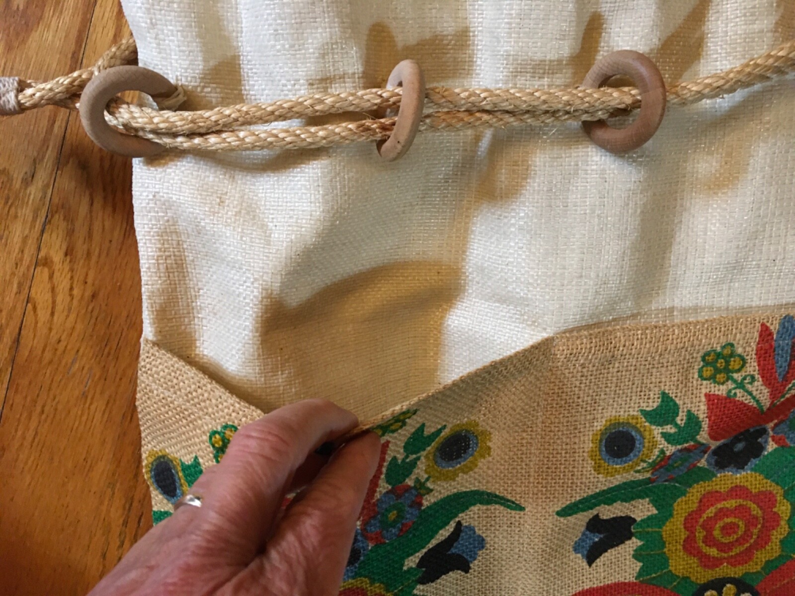 Screen Printed Burlap Rope Drawstring Boho 1970's… - image 6