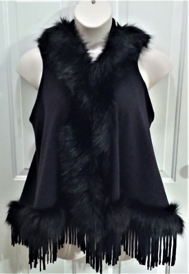 New Sage & Flower S/L Hooded Black Cloak, Fringe, Faux Fur, Women's Small to Lg