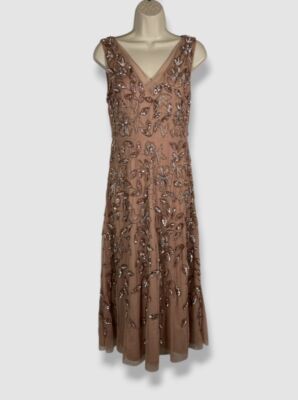 Adrianna Papell Women's Pink Floral Beaded Sequin Midi Dress Petite Size 2P 