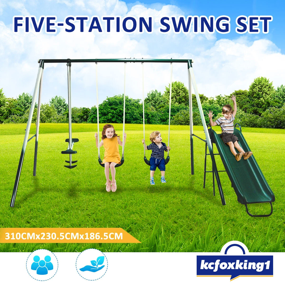Kids Swing Set Heavy Duty Steel Toy w 2 Swing Seats 1 Glider 1
