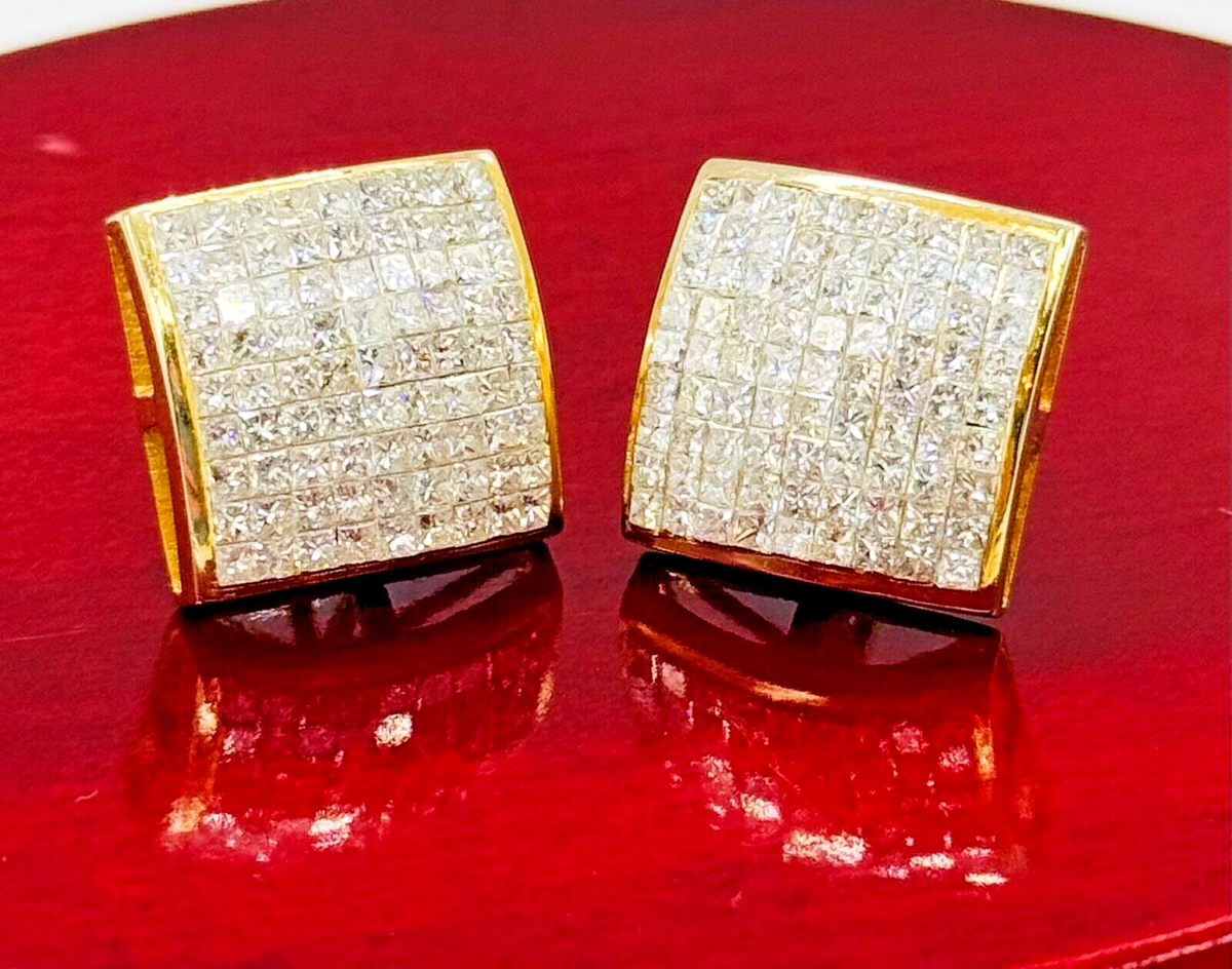 Mens Large Princess Cut Diamond Square Earrings, 14k Yellow Gold