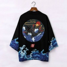 Men Ukiyoe Kimono Japanese Yukata Cardigan Top Jacket Bathrobe Harajuku Loose