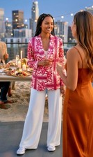 NWT House of Harlow 1960 pink/navy lined button blazer summer lightweight small