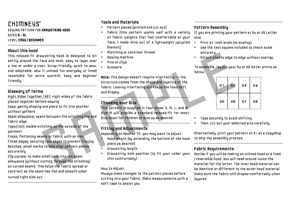 PRINTED Relax Fit Drawstring Hood Sewing Pattern – Easy Project with Instruction - Image 4 of 4