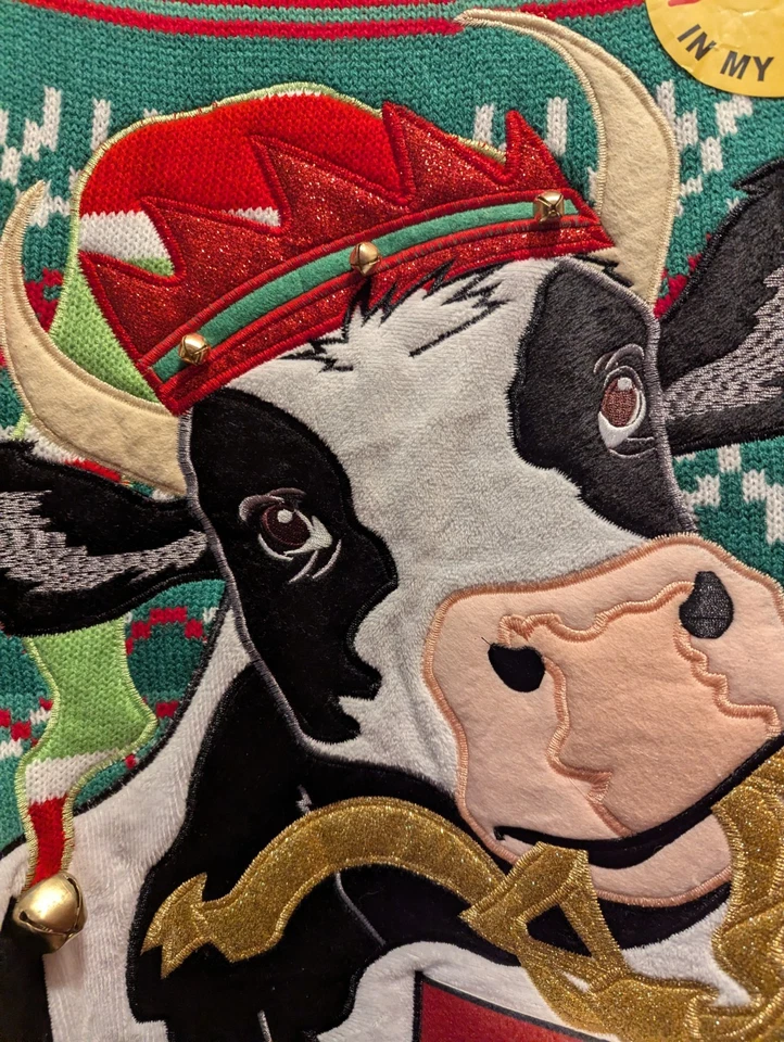 Christmas Men's XL (46-48) Cow Ugly Sweater With Bells And Beer Pocket NWT - Image 2 of 4