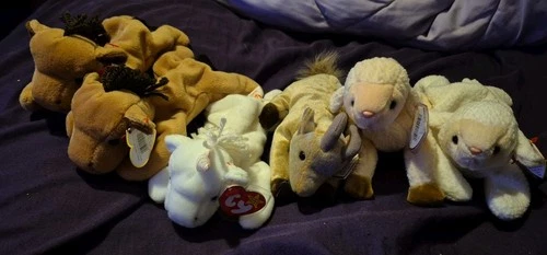 Lot Of 6 Ty Beanie Babies Horses, Unicorn, Goat And Lambs With Tags Vintage