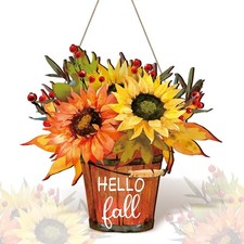Hello Fall Wooden Farmhouse Home Sign with Sunflower for Porch, Thanksgiving,...