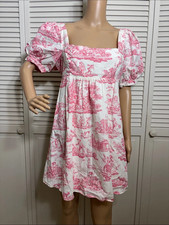 Laura Ashley x Urban Outfitters Babydoll Dress Pink Toile Puff Sleeves Large