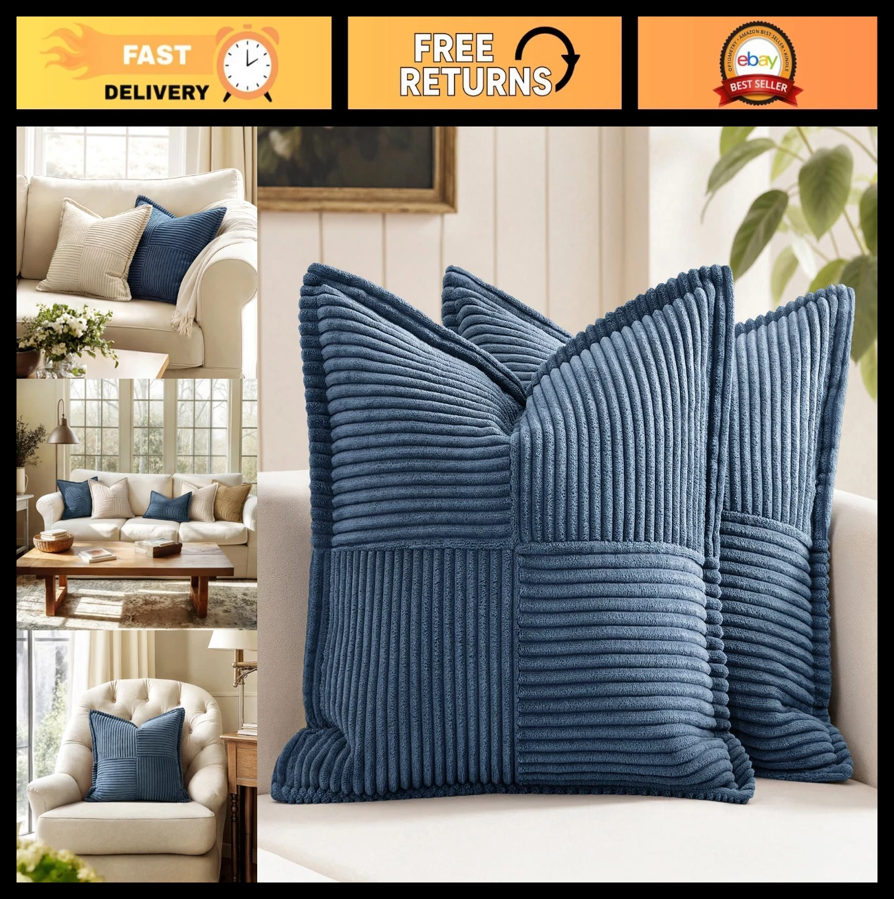 Decorative Throw Pillow Covers Set of 2, 18x18 Inch Blue Boho Accent Cushions, S
