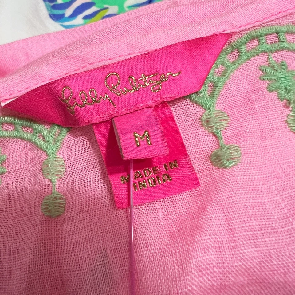 全新 Lilly Pulitzer Coby 亚麻轻便编织束腰上衣 粉色 阴光 绿色 M — 第 2/4 张图片