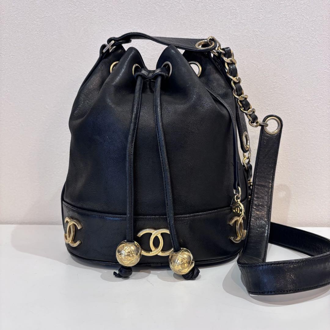 Chanel Coco Mark Bucket Bag Black Leather Shoulder Bag Authentic Ghost Mark