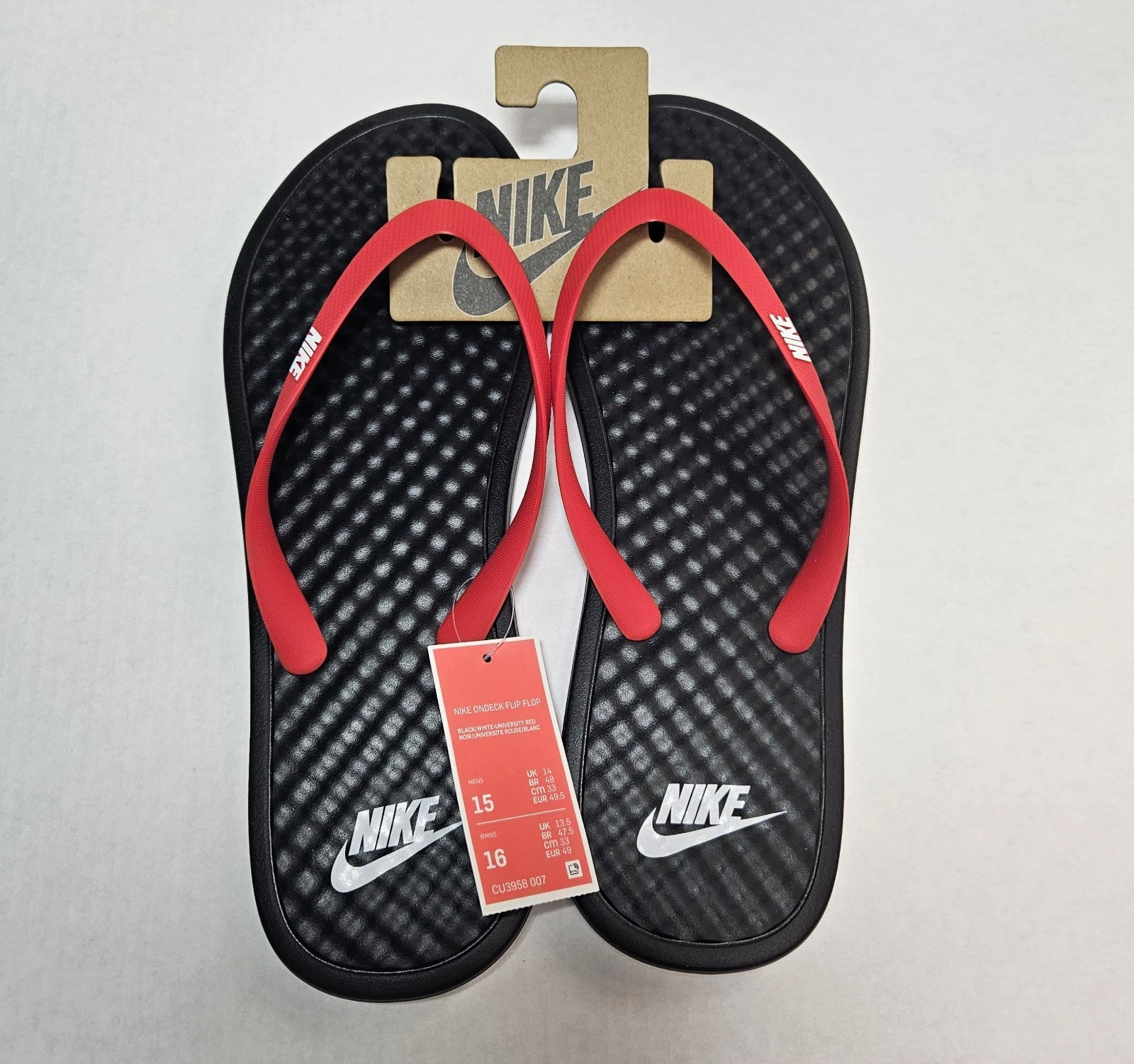 Nike On Deck Flip Flop Men Size 15, Women Size 16, Black/White-University Red