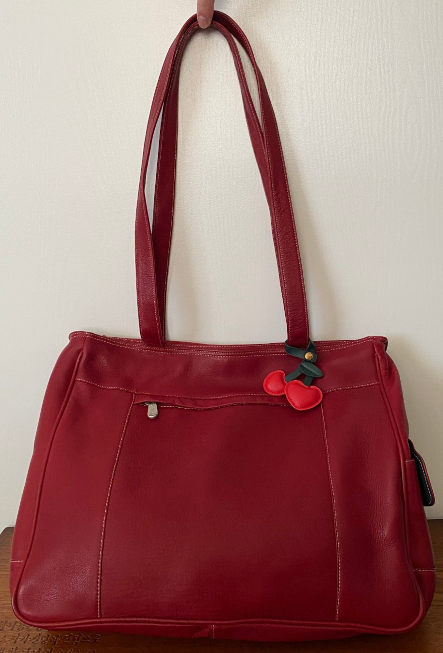 Piel Large Red Leather Shoulder Bag Tote Red Leather w/ Cherry Hang Tag NEW