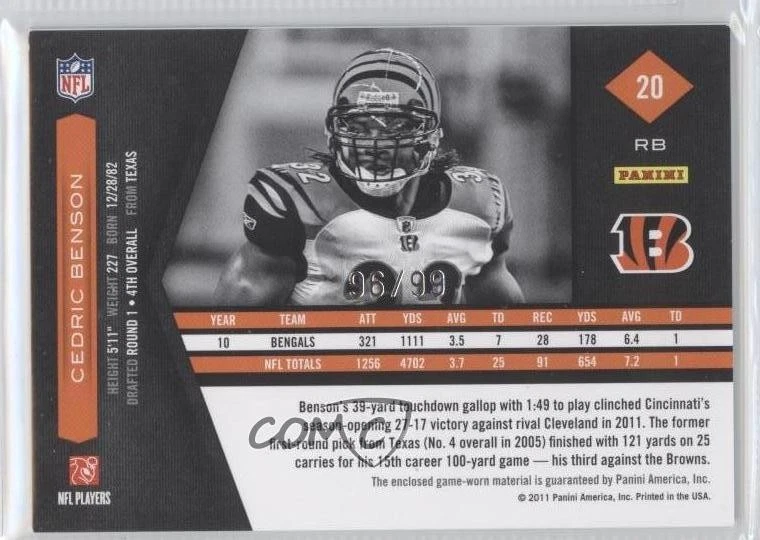 2011 Panini Limited Threads /99 Cedric Benson #20 - Image 2 of 2
