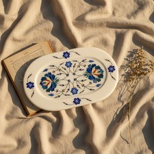 Handcrafted White Marble Floral Inlay Tray   9 6 Inch Decorative  Utility Tray