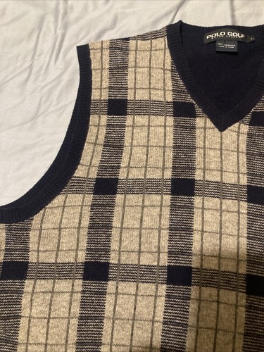 Vintage POLO GOLF Ralph Lauren 100% Lambs Wool Sweater Vest Large Dark Blue/Gre - Picture 7 of 12
