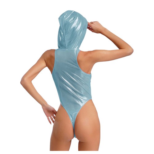 Womens Glitter Sheer Lingeries Bodysuits Hooded Front Zipper Jumpsuit Clubwear - Picture 14 of 49
