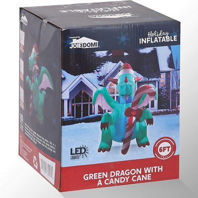 6 FT Tall Inflatable Christmas Green Dragon with Candy Cane And Build-in LEDs