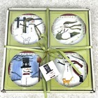 Set of 4 Mini Snowman Plates With Kitty Cats by Cindy Shamp NIB Winter Fun 4.25”
