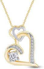 Double Heart Pendant Necklace Simulated Diamond 14K Yellow Gold Plated Silver