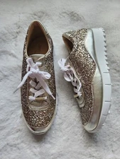 NWD JIMMY CHOO Monza Glittered Metallic Leather Sneakers Sz 38 Gold